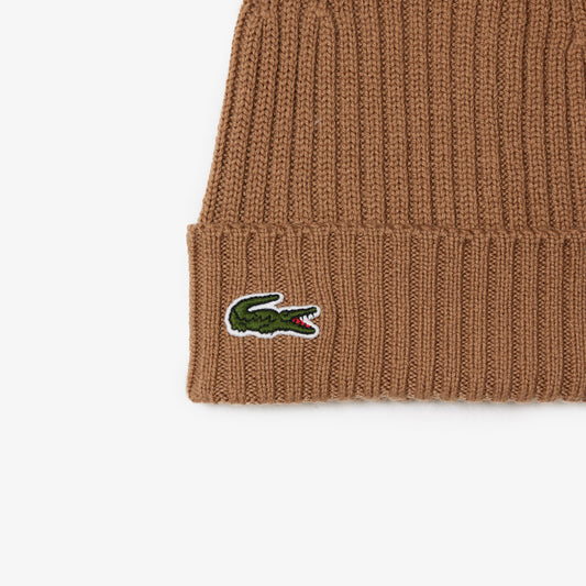 Lacoste Rib Knit Brushed Wool Beanie RB0001 // BROWN SIX