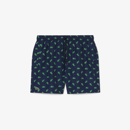 Lacoste Mid Length Crocodile Print Swim Trunks // Marine