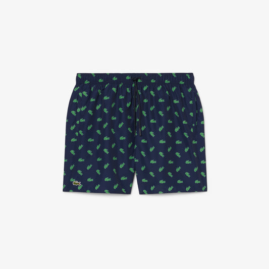 Lacoste Mid Length Crocodile Print Swim Trunks // Marine