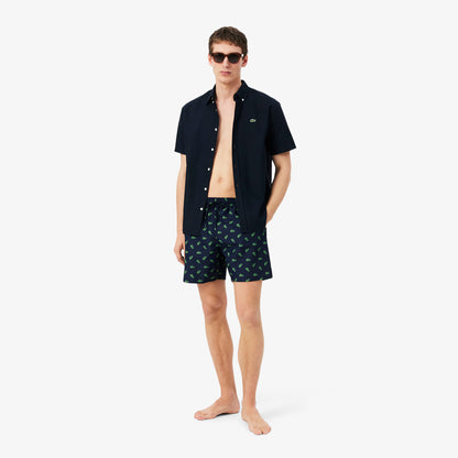 Lacoste Mid Length Crocodile Print Swim Trunks // Marine