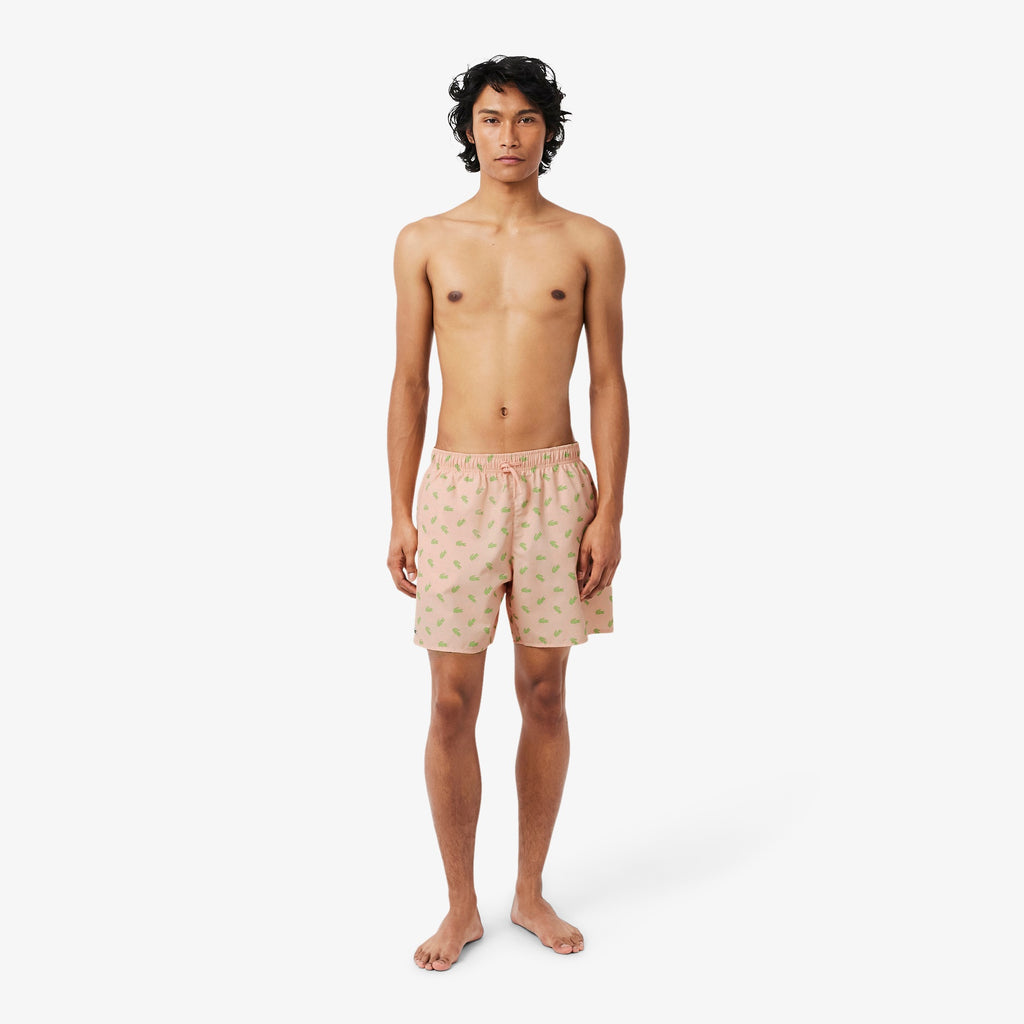 Lacoste Mid Length Crocodile Print Swim Trunks // PEACH PINK