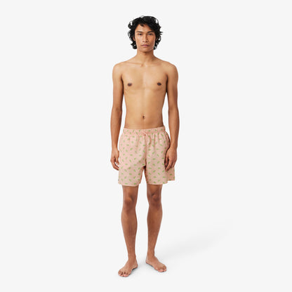 Lacoste Mid Length Crocodile Print Swim Trunks // PEACH PINK