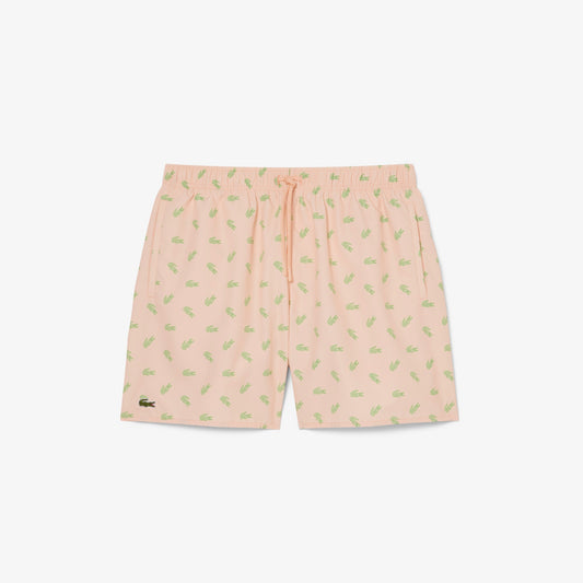 Lacoste Mid Length Crocodile Print Swim Trunks // PEACH PINK