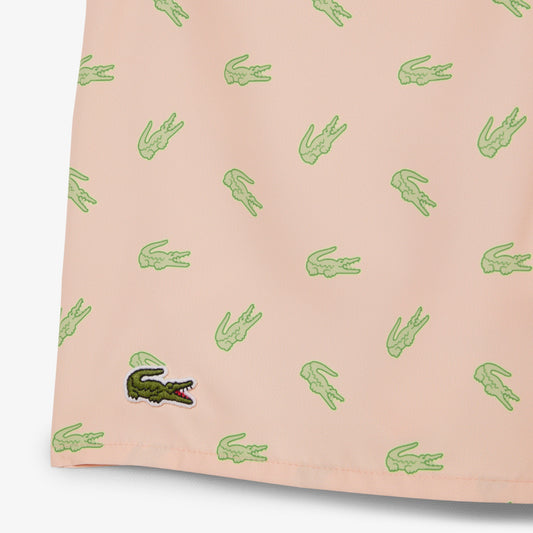 Lacoste Mid Length Crocodile Print Swim Trunks // PEACH PINK