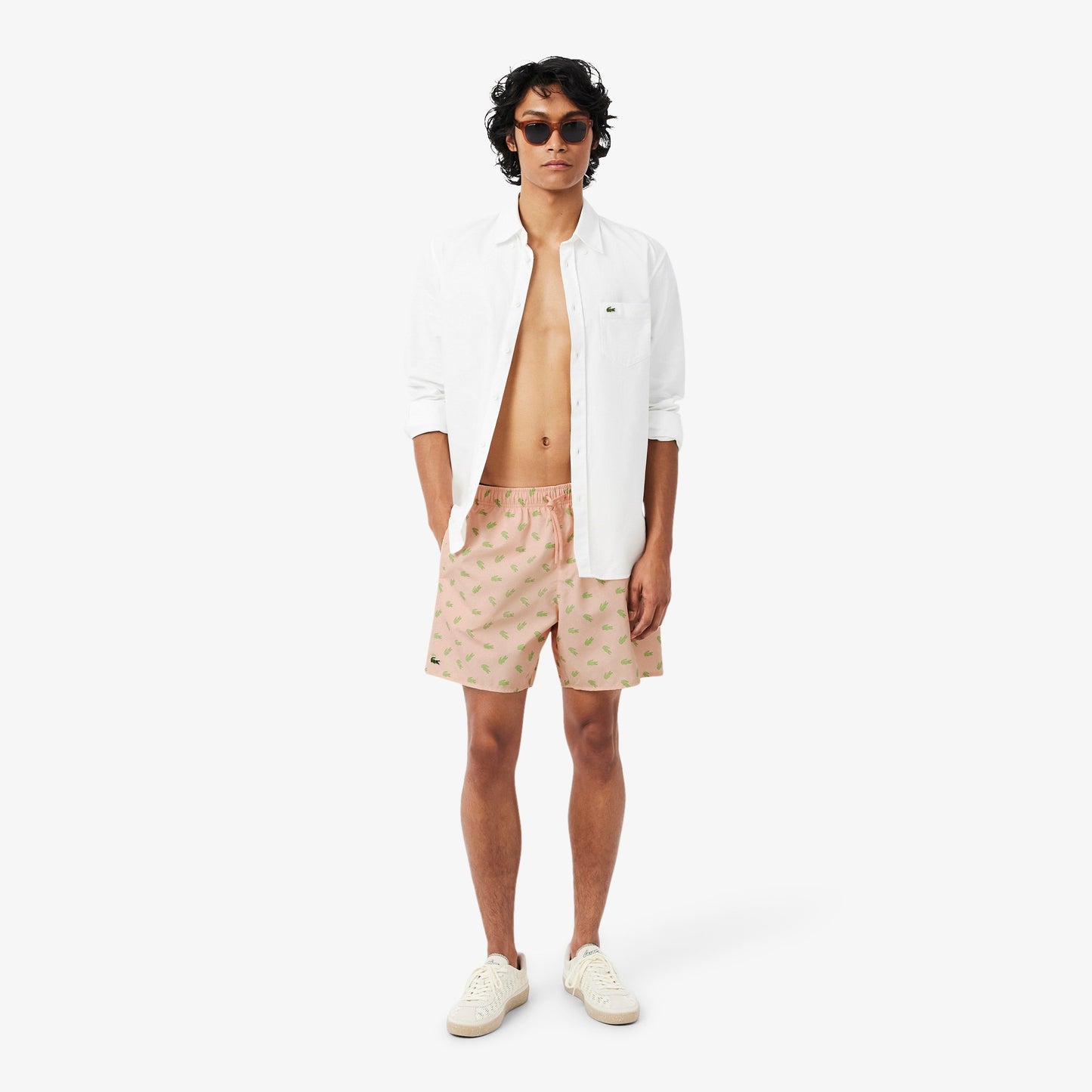 Lacoste Mid Length Crocodile Print Swim Trunks // PEACH PINK