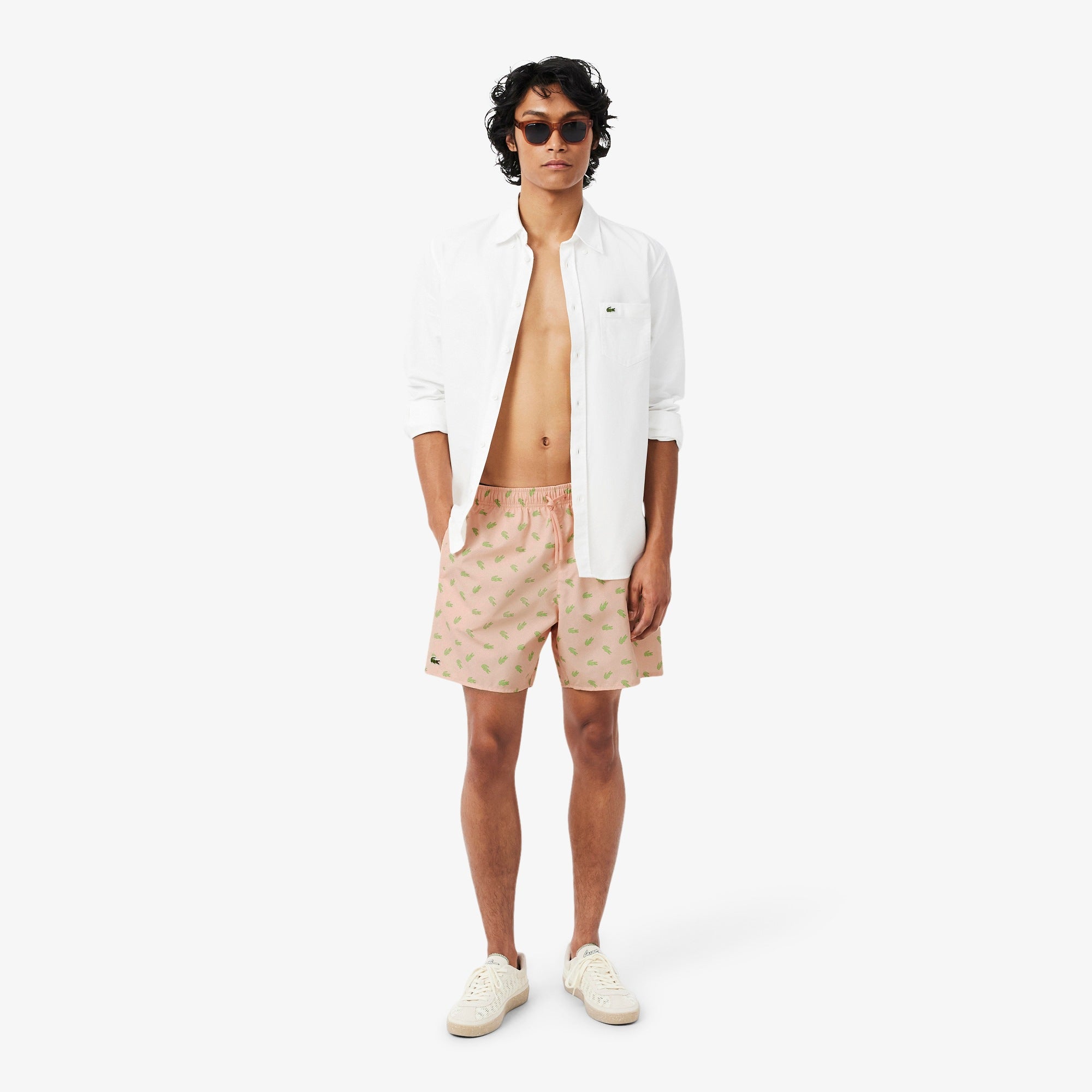 Lacoste Mid Length Crocodile Print Swim Trunks // PEACH PINK