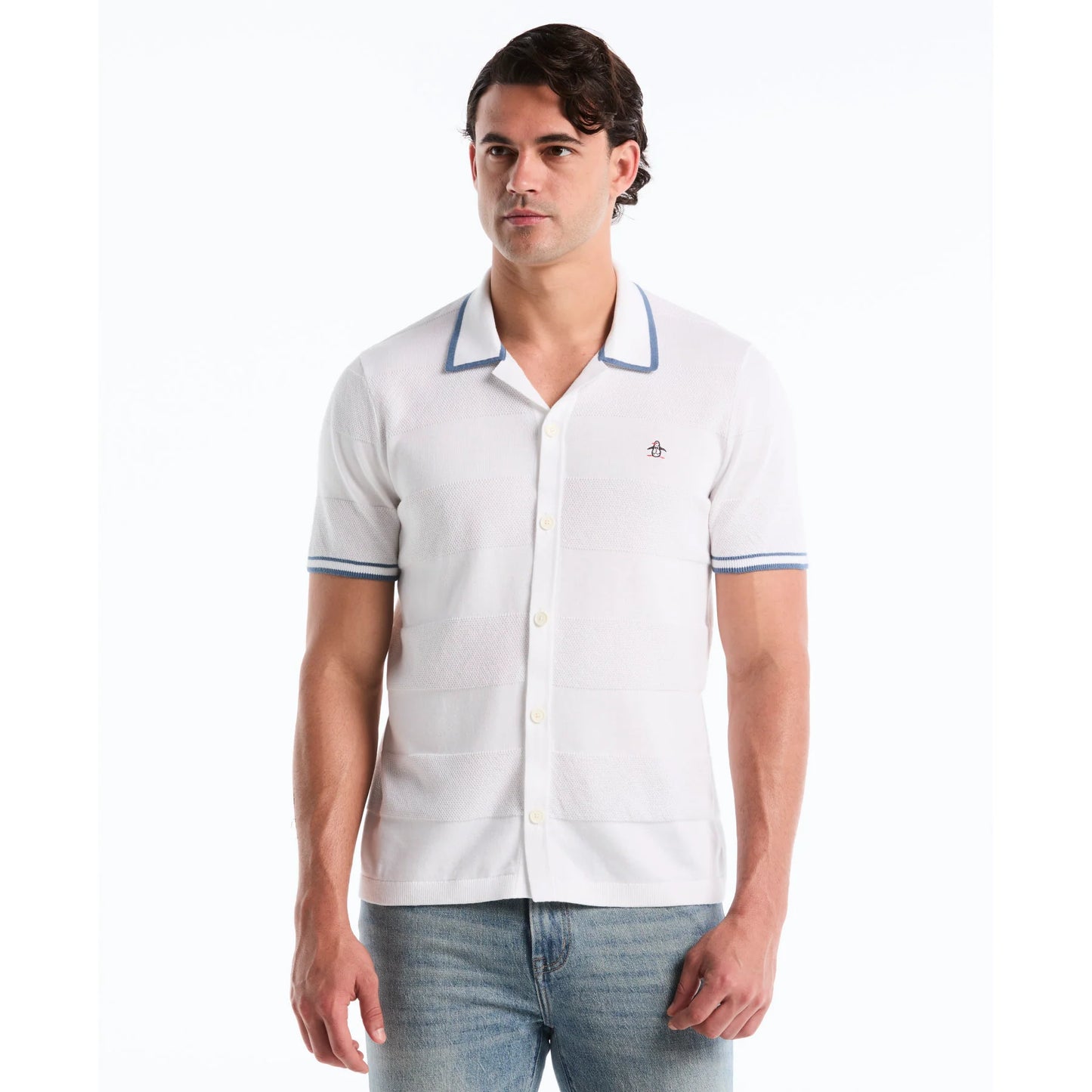 Penguin Stitch Stripe Button Front Sweater Polo OPGS2608 // BRIGHT WHITE