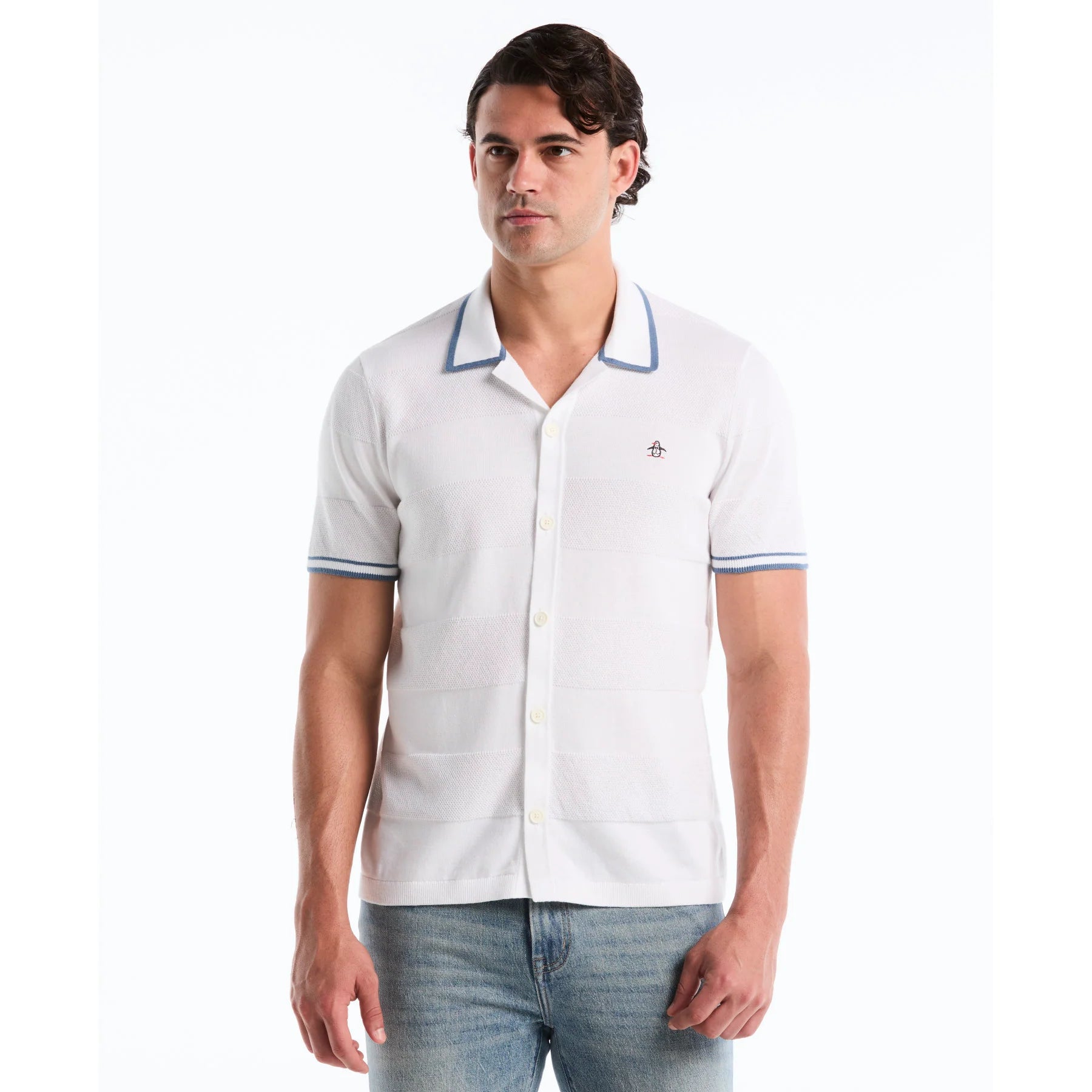 Penguin Stitch Stripe Button Front Sweater Polo OPGS2608 // BRIGHT WHITE