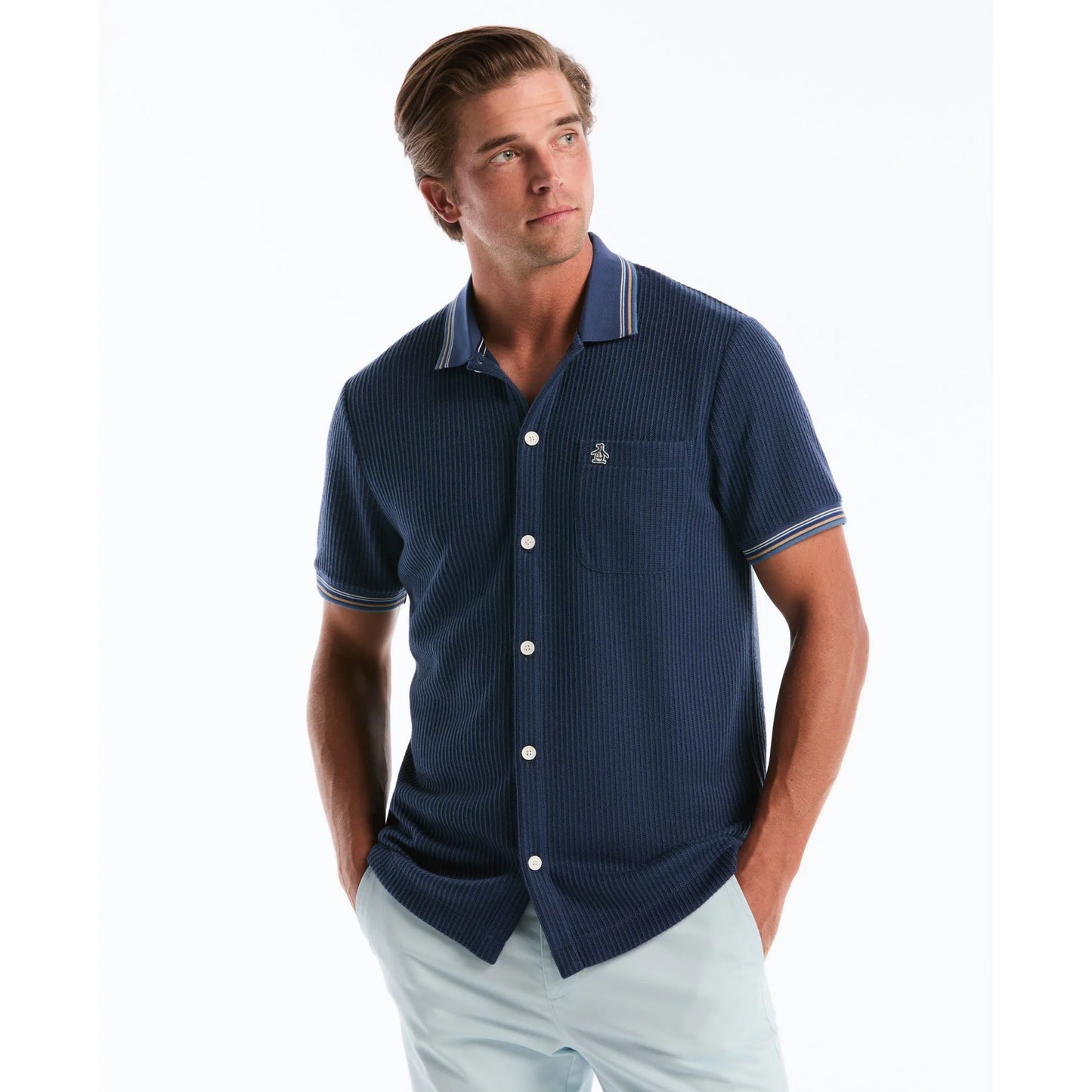 Penguin Vertical Jacquard Button Front Polo OPKS2604 // SARGASSO SEA