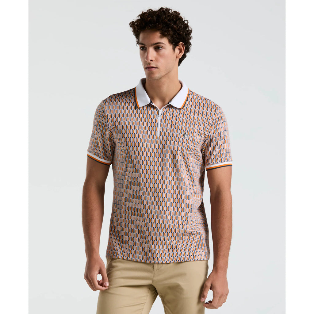 Penguin Tipped Jacquard Geo Print Polo OPKS2501GP // ORANGE PEEL