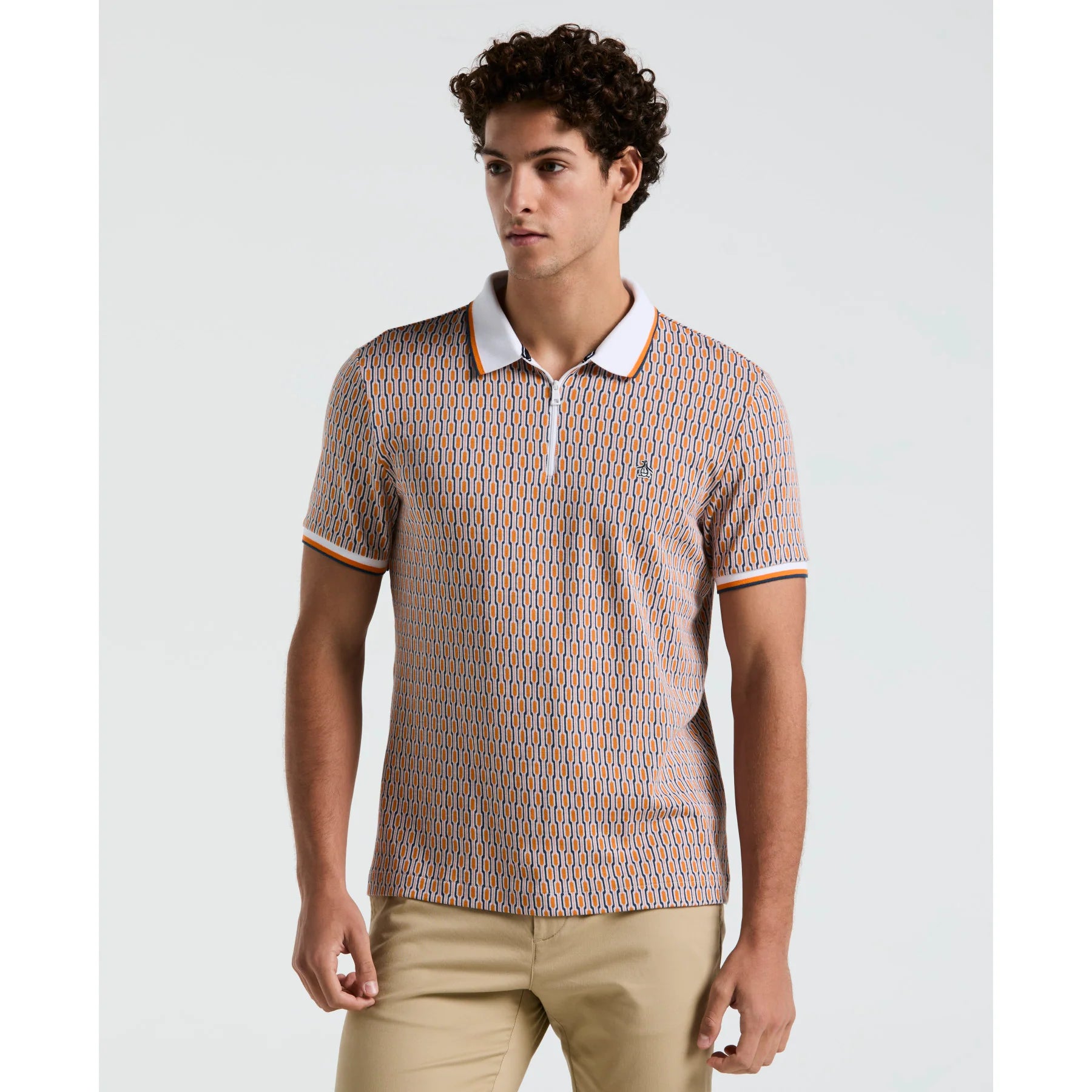 Penguin Tipped Jacquard Geo Print Polo OPKS2501GP // ORANGE PEEL